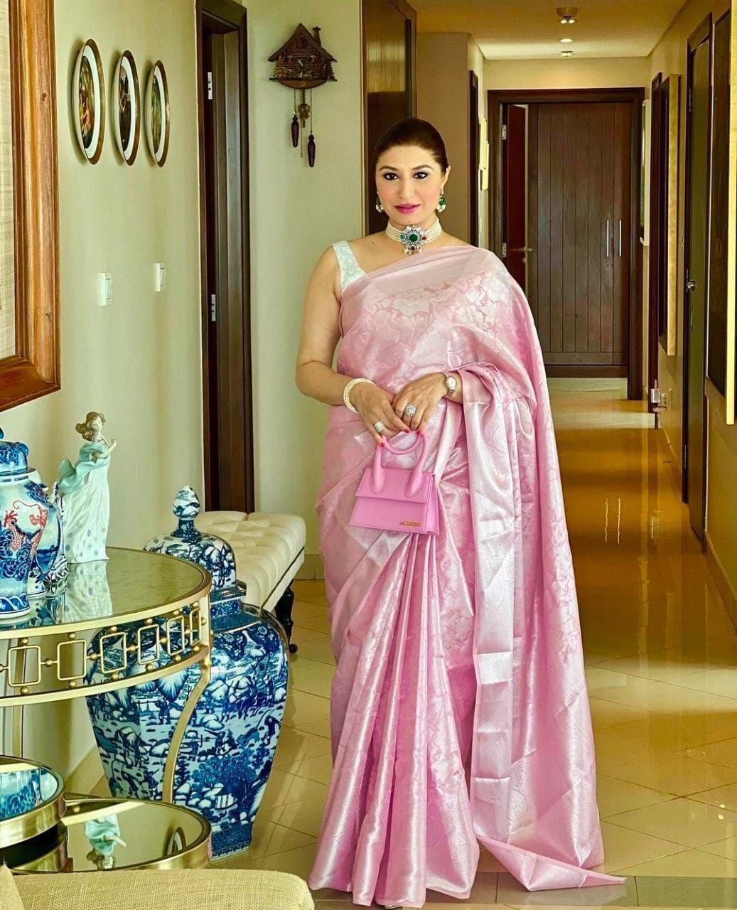 Women's Kanjivaram Banarasi Soft Silk silver Zari Woven Saree With Blouse piece Plight Pink