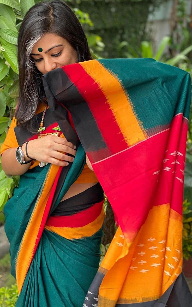 Handicraft Women's Ikat Pure soft Cotton Saree With Blouse Piece