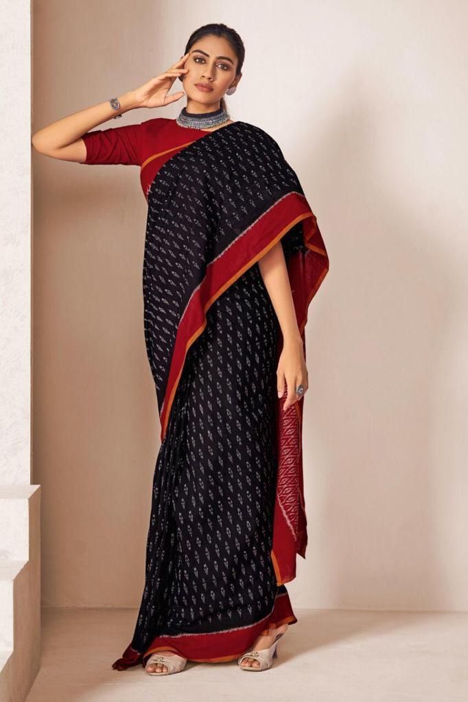 Handicraft Ladies Ikat Pure soft Cotton Sari With Blouse Piece Barkha Black back