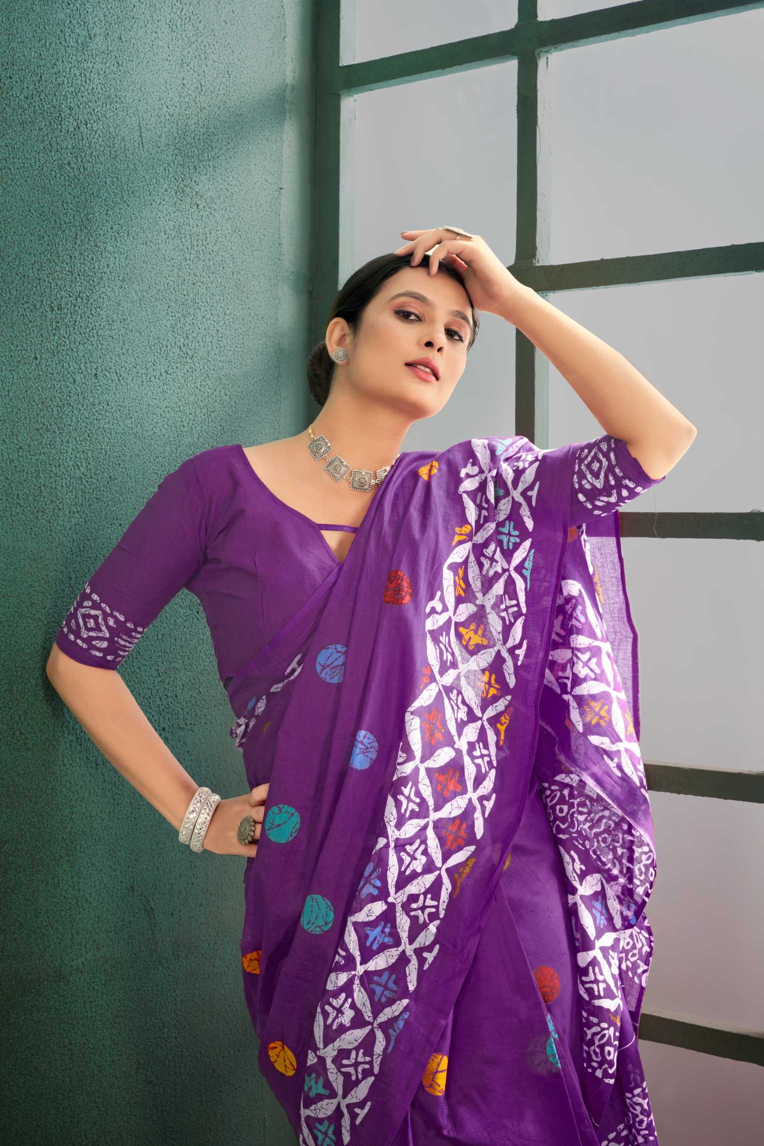 Handicraft Ladies Ikat Block Print Pure soft Cotton Sari With Blouse Piece