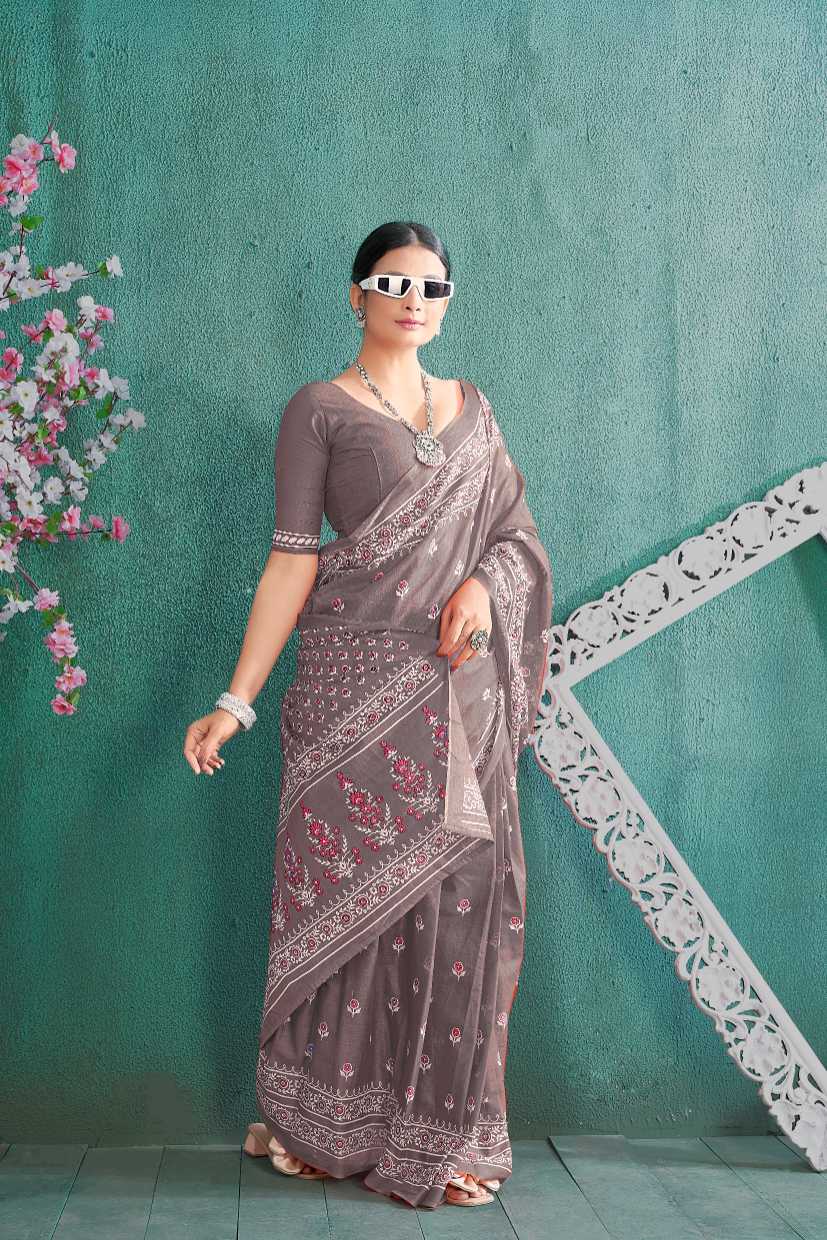 Handicraft Ladies Ikat Block Print Pure soft Cotton Sari With Blouse Piece