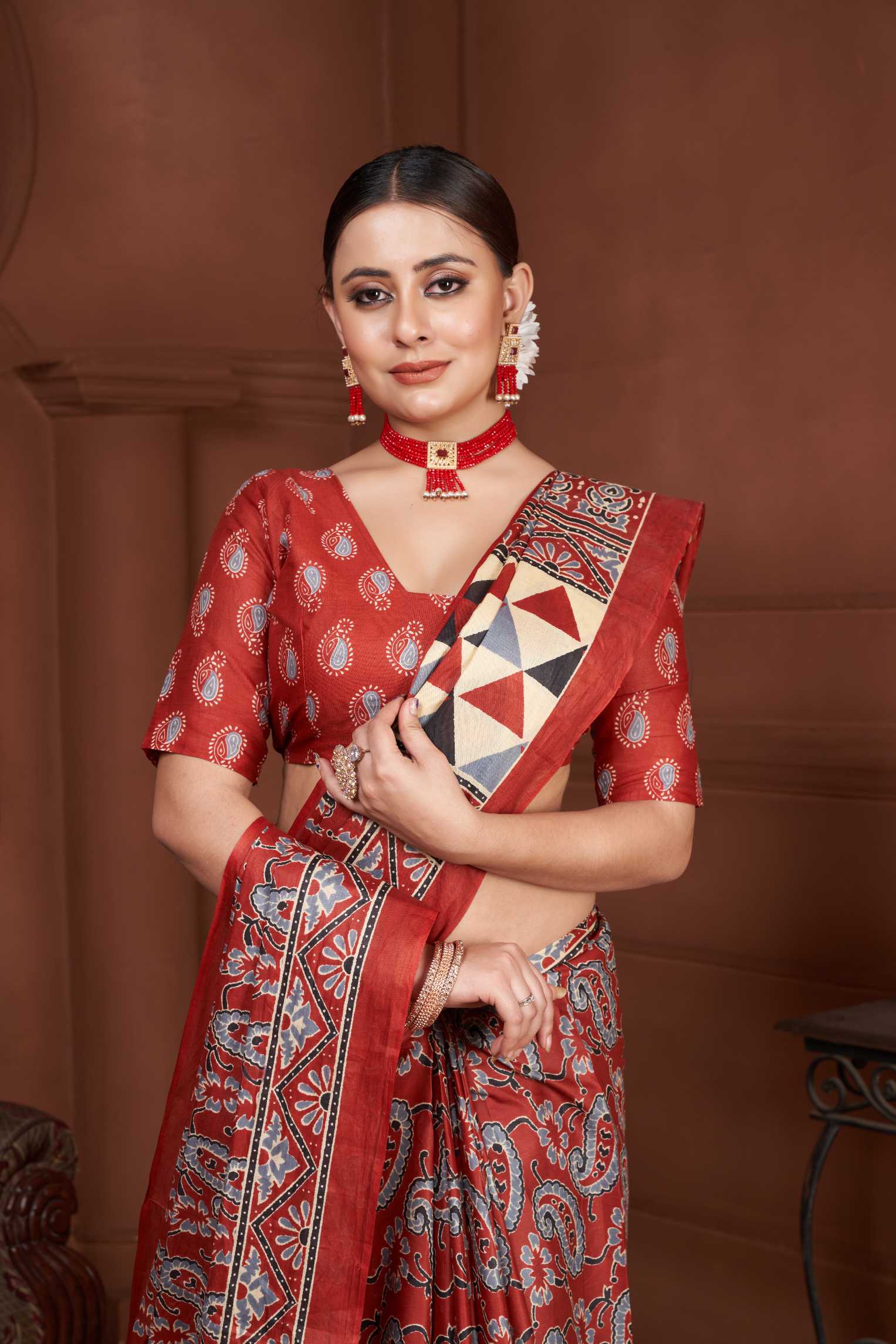 Handicraft Ladies Ikat Block Print Pure soft Cotton Sari With Blouse Piece AJRAKH