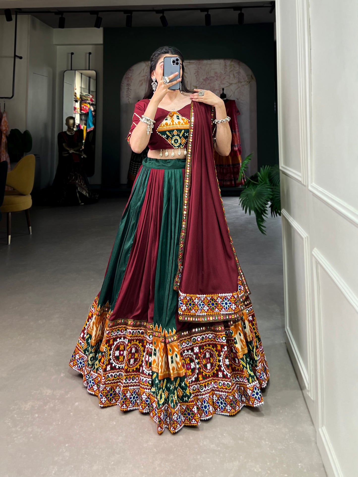 STYLISH GMAGTHI WORK WITH MIRROR WORK  LEHNGA CHOLI COLLECTION 2024