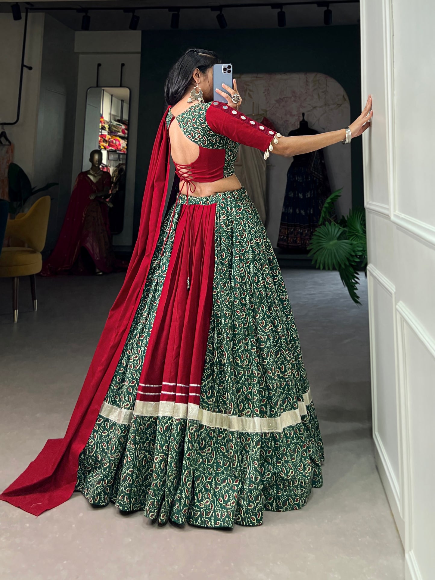 STUNNING COTTON NAVARATRI COLLECTION LEHNGA CHOLI WITH MIRROR WORK AND COWRIE LACE