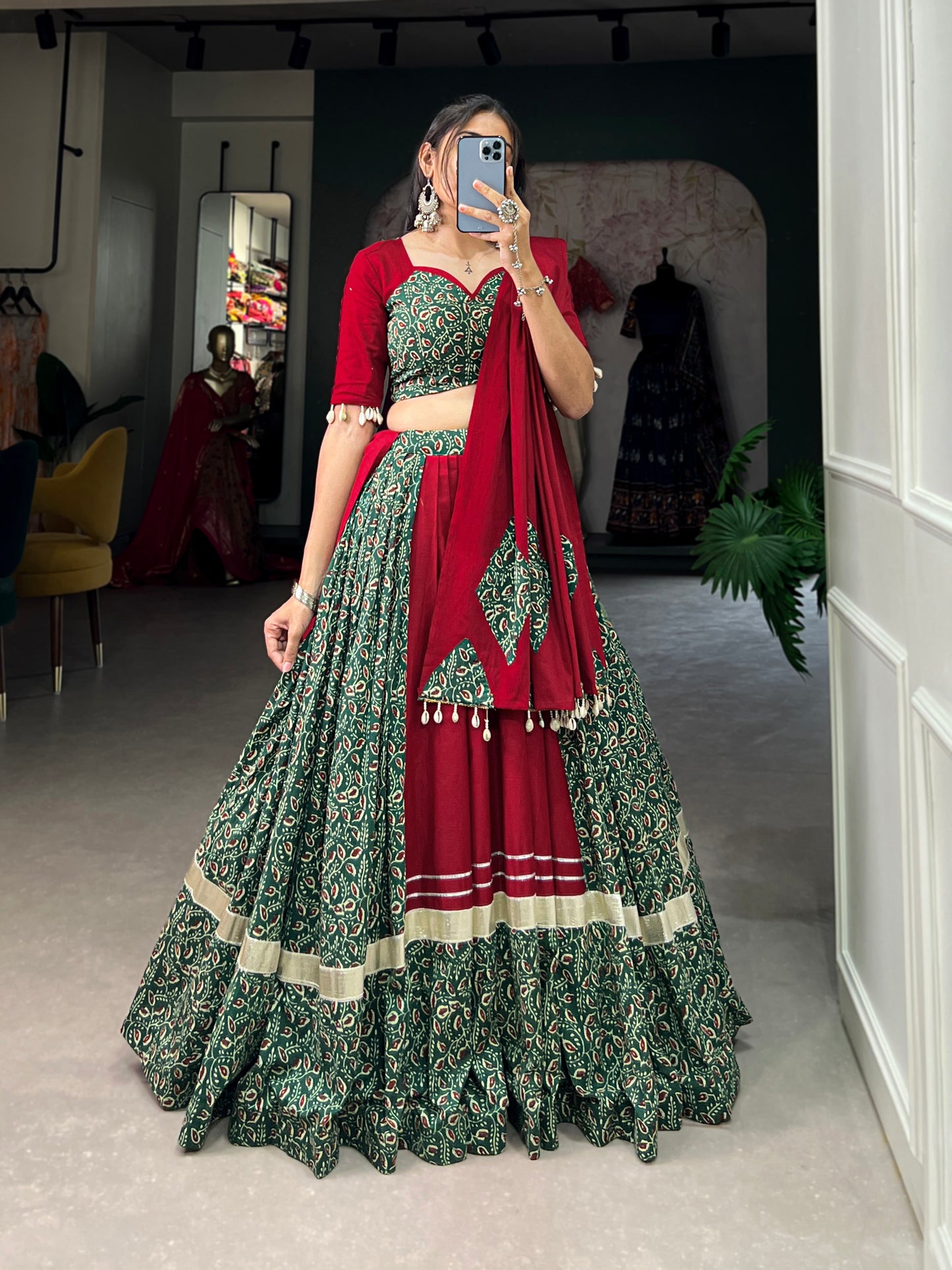 STUNNING COTTON NAVARATRI COLLECTION LEHNGA CHOLI WITH MIRROR WORK AND COWRIE LACE