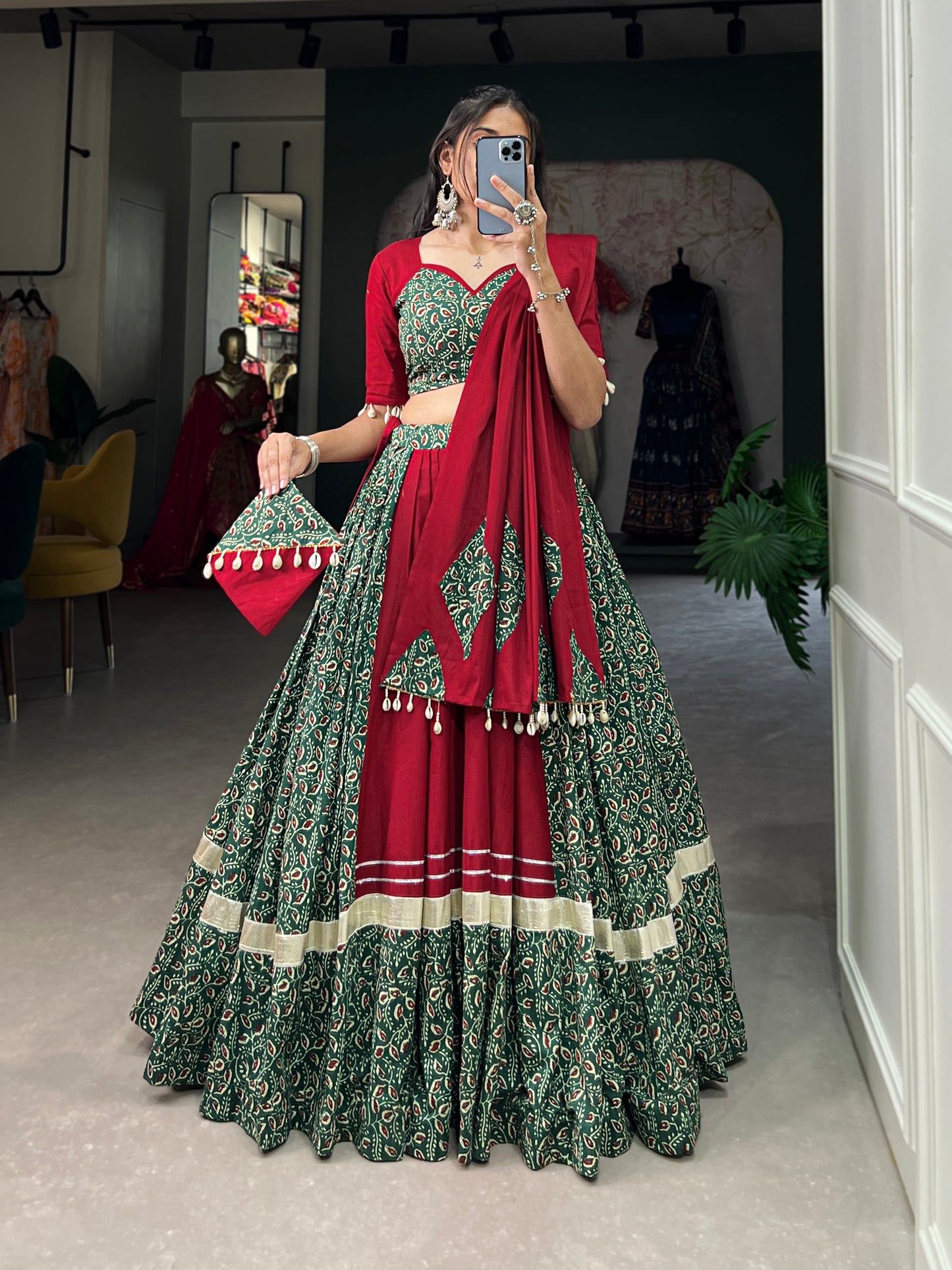 STUNNING COTTON NAVARATRI COLLECTION LEHNGA CHOLI WITH MIRROR WORK AND COWRIE LACE