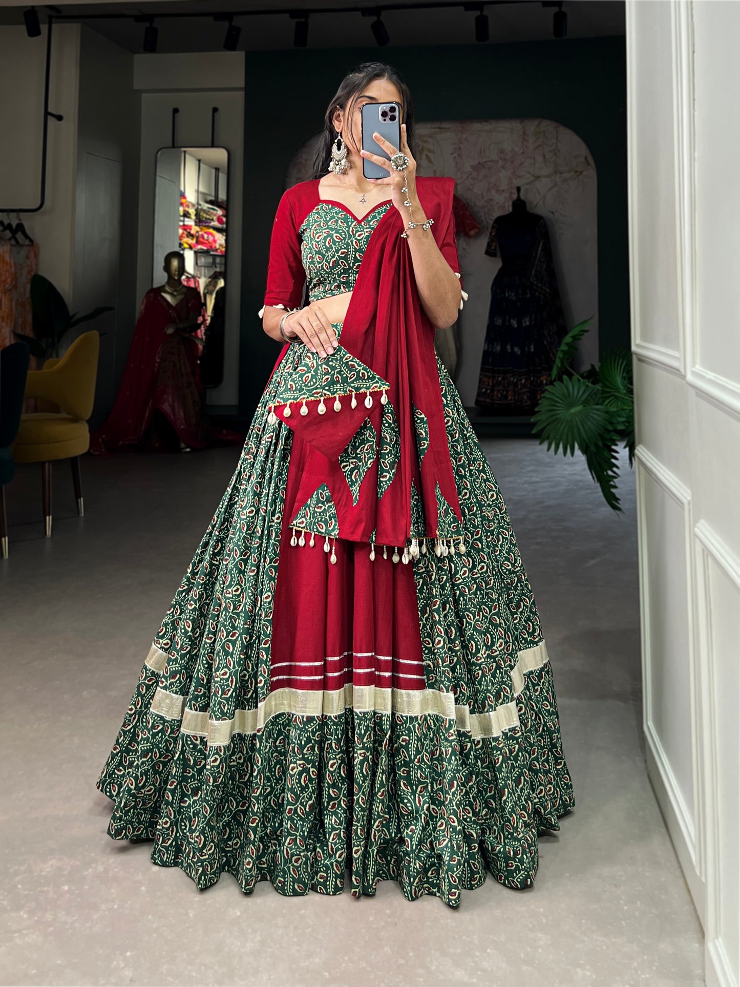 STUNNING COTTON NAVARATRI COLLECTION LEHNGA CHOLI WITH MIRROR WORK AND COWRIE LACE