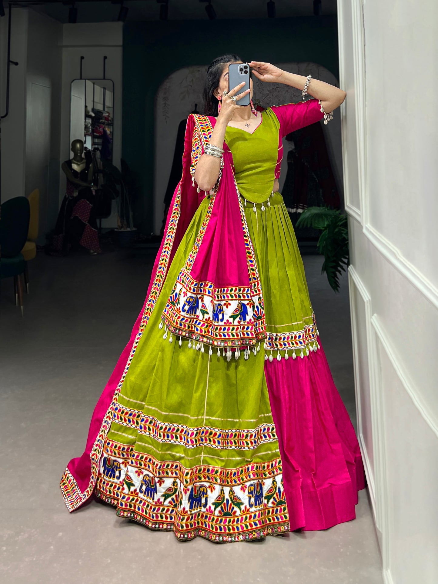 ELEGANT DESIGNER GAMTHI WORK NAVARATRI COLLECTION LEHNGA CHOLI WITH COWRIE LACE