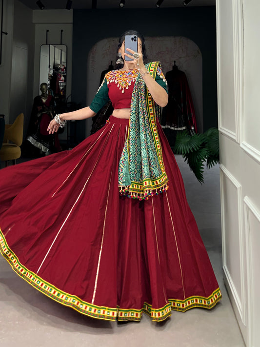 STUNNIG NAVARATRI LEHNGA CHOLI COLLECTION WITH GOTTA PATTI COWRIE LACE AND MIRROR WORK