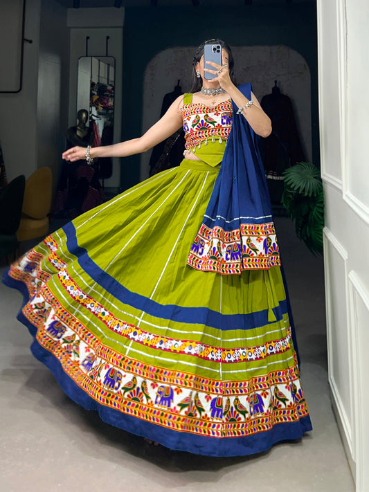 Enchanting Navratri Fashion: Elegant Cotton Chaniya Choli with Authentic Gamthi Work and Gota Patti Touch-Up