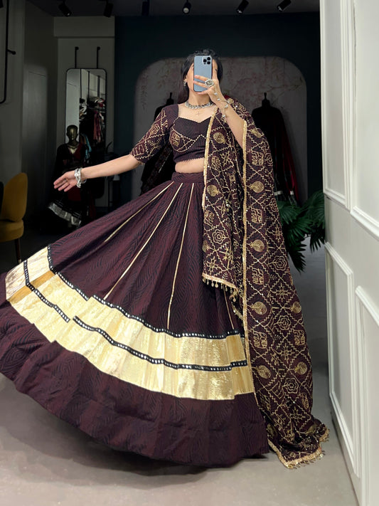 NEW NAVARATRI COLLECTION LEHNGA CHOLI WITH BANDHANI PRINT MIRROR WORK AND GOTAPATTI TOUCH UP