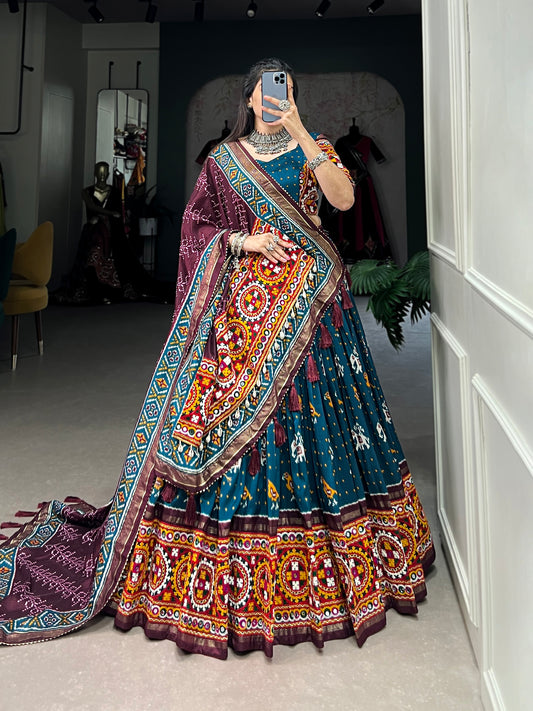 STUNNING TUSHAR SILK NAVARATRI LEHNGA CHOLI COLLECTION WITH IKKAT PATOLA PRINT