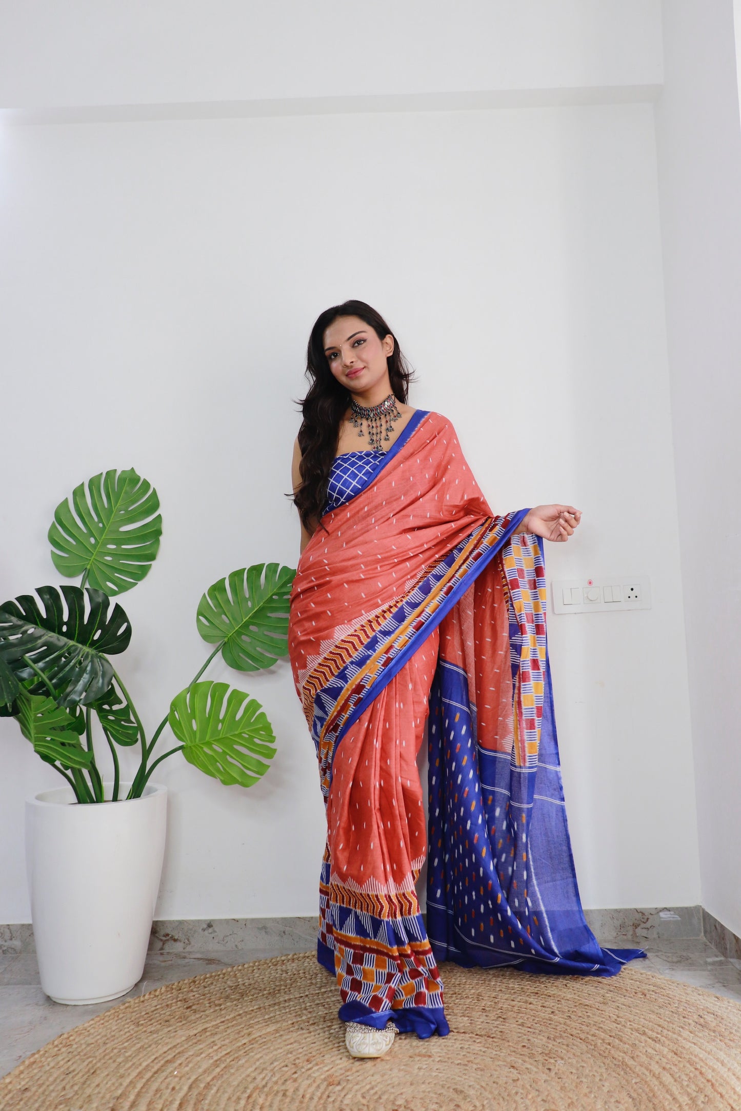 Handicraft Ladies Ikat Print Pure soft Cotton Sari With Blouse Piece