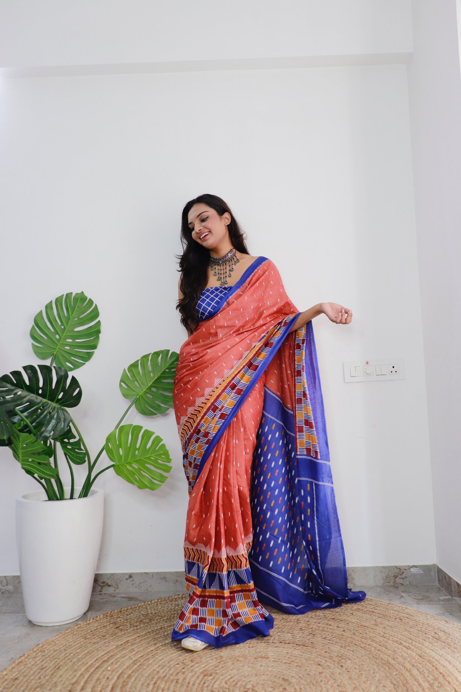 Handicraft Ladies Ikat Print Pure soft Cotton Sari With Blouse Piece