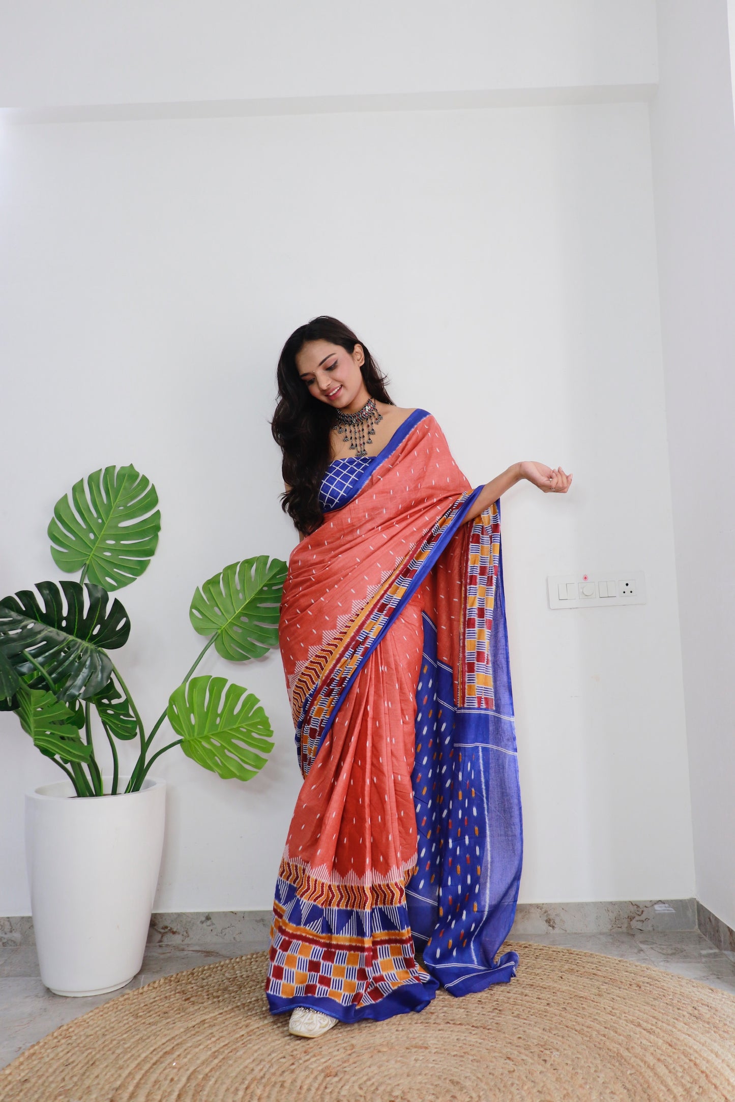 Handicraft Ladies Ikat Print Pure soft Cotton Sari With Blouse Piece