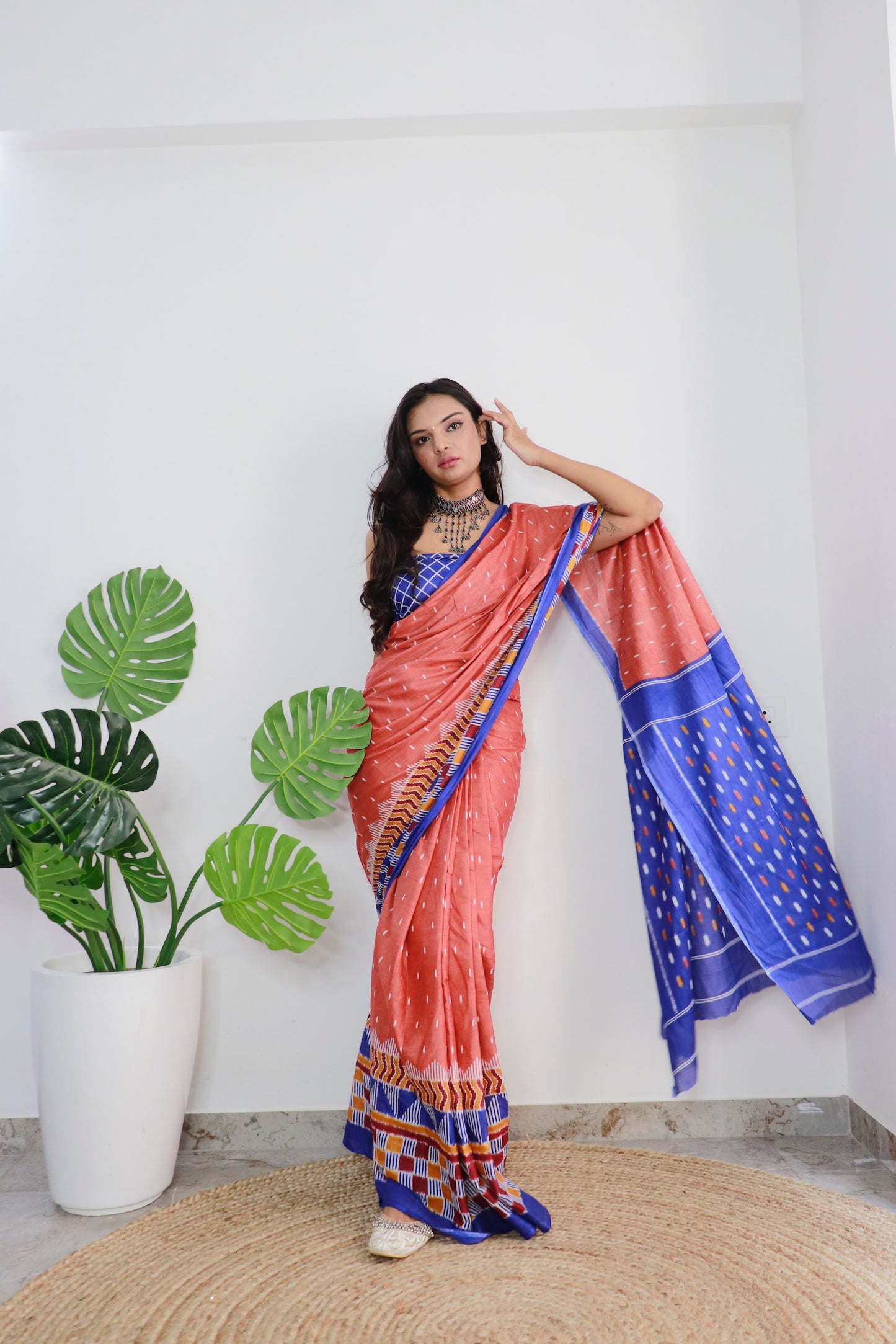 Handicraft Ladies Ikat Print Pure soft Cotton Sari With Blouse Piece