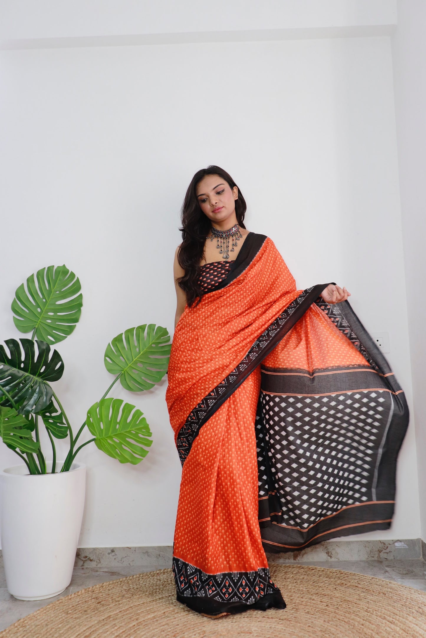 Handicraft Ladies Ikat Print Pure soft Cotton Sari With Blouse Piece