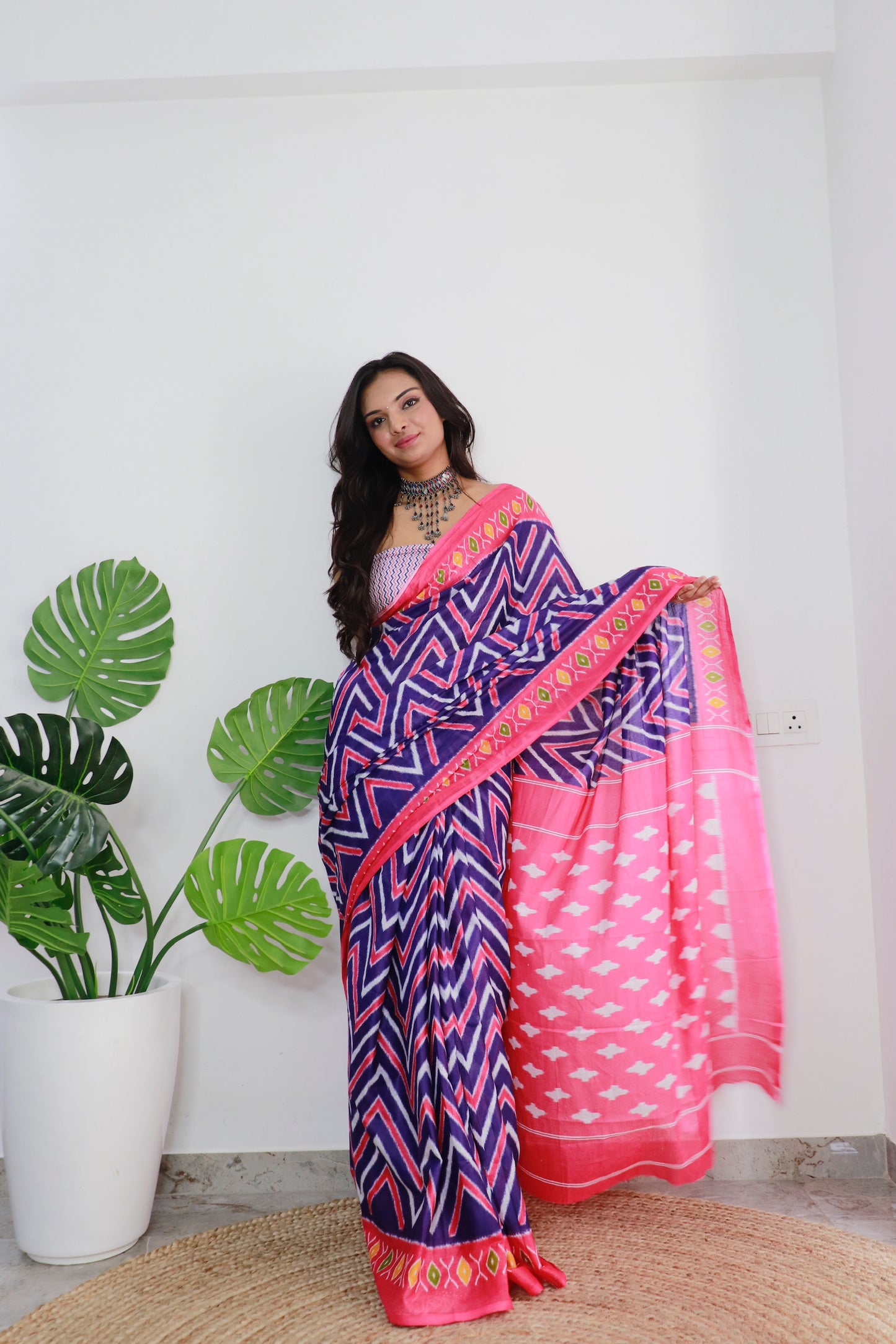 Handicraft Ladies Ikat Print Pure soft Cotton Sari With Blouse Piece