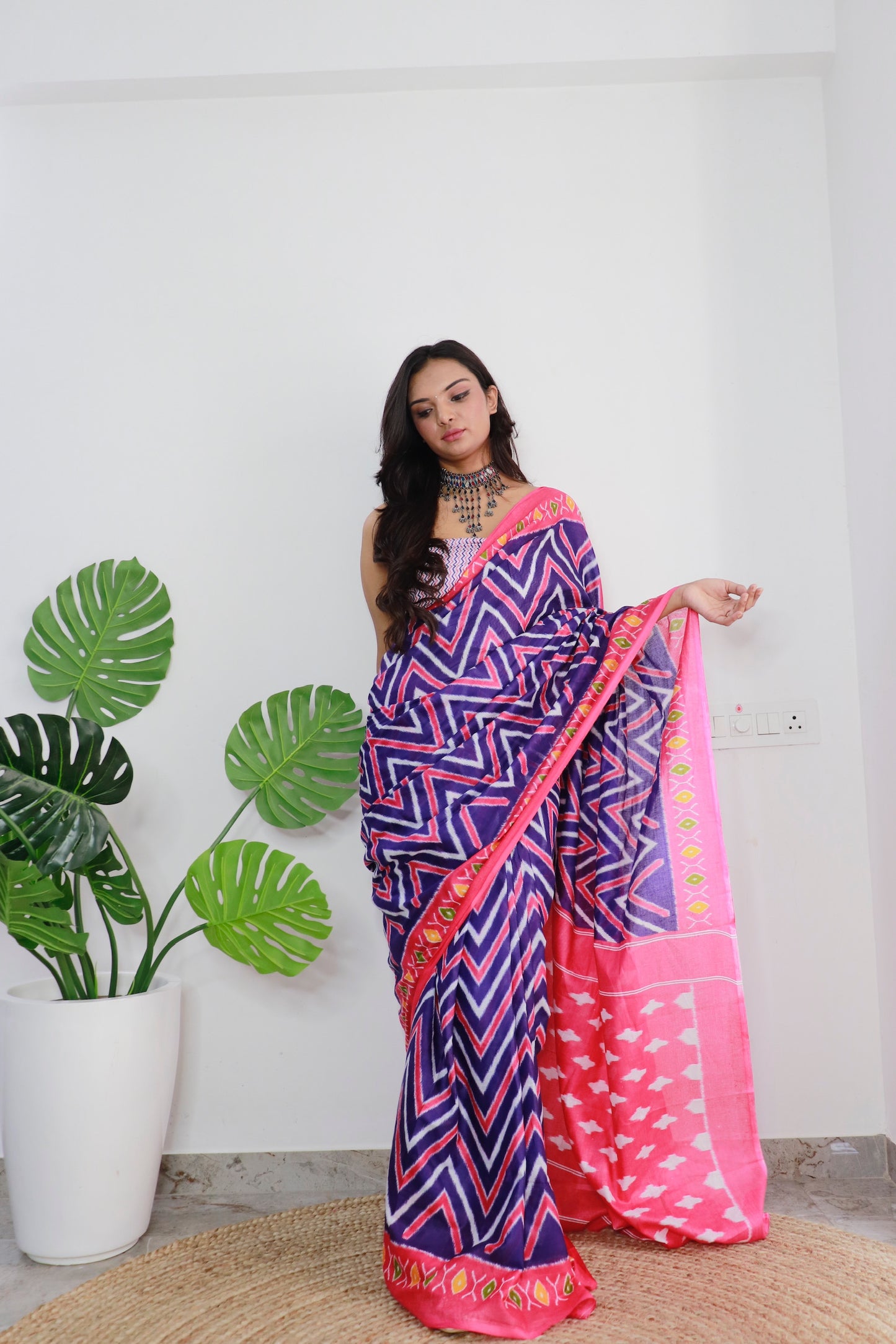 Handicraft Ladies Ikat Print Pure soft Cotton Sari With Blouse Piece