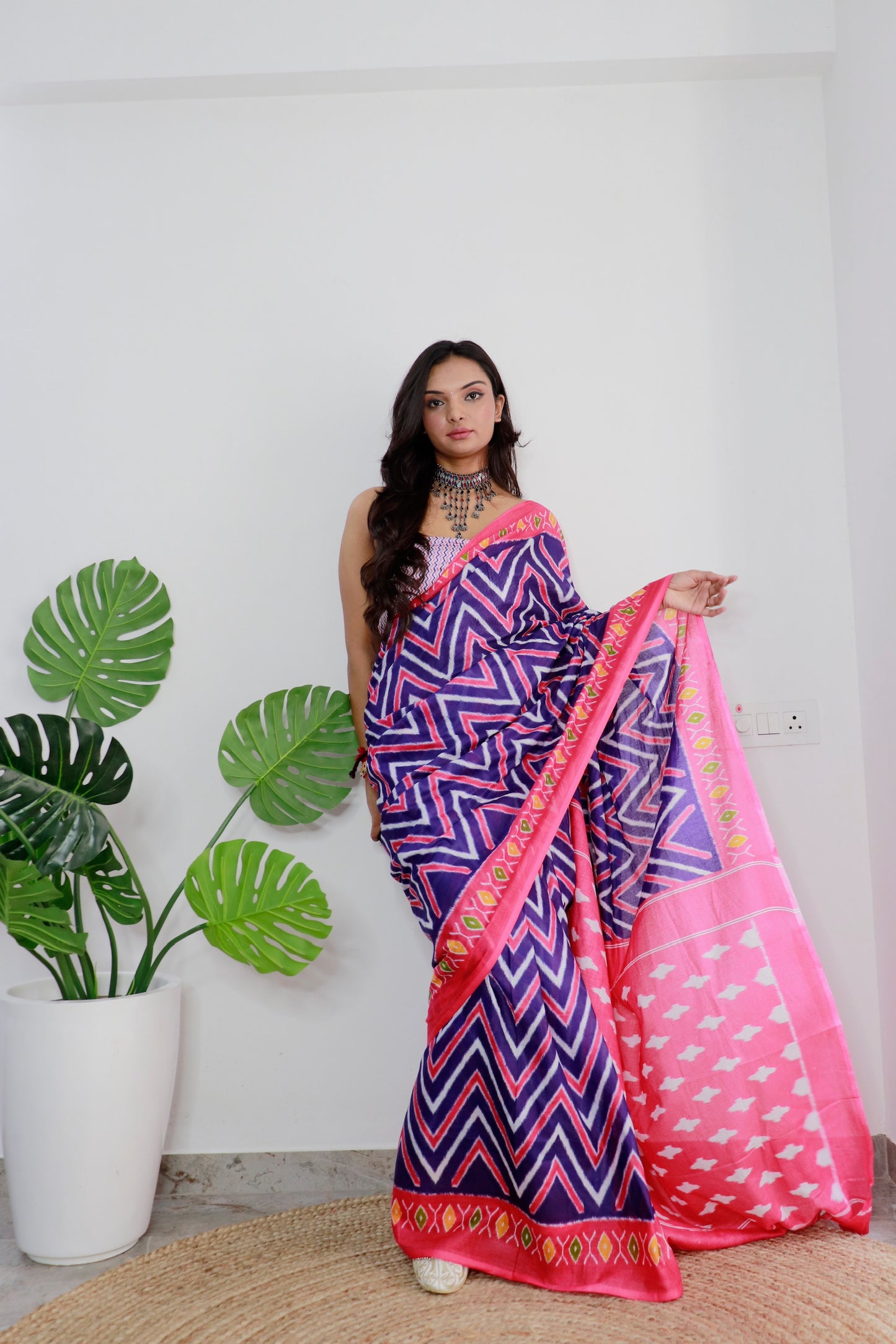 Handicraft Ladies Ikat Print Pure soft Cotton Sari With Blouse Piece