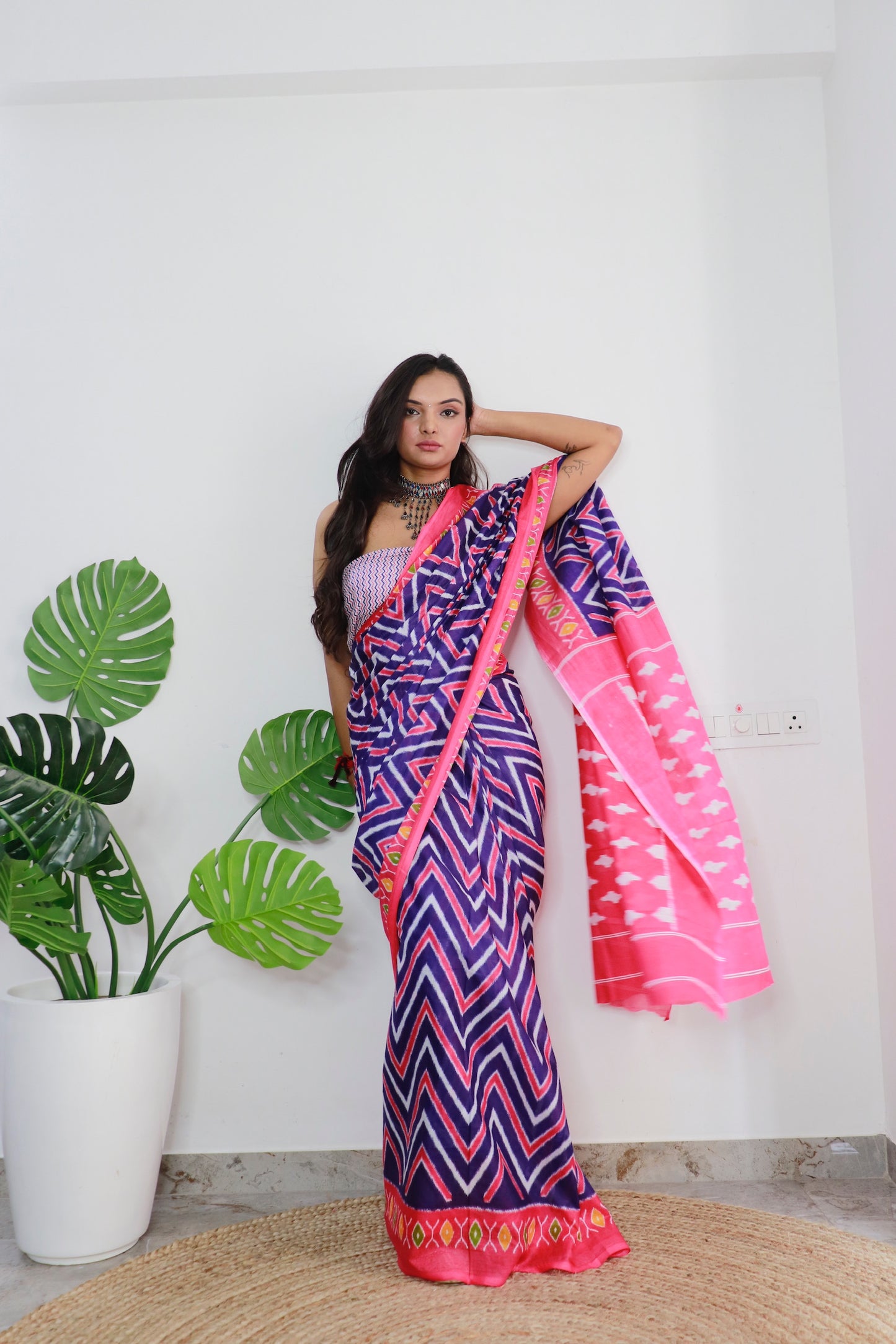 Handicraft Ladies Ikat Print Pure soft Cotton Sari With Blouse Piece