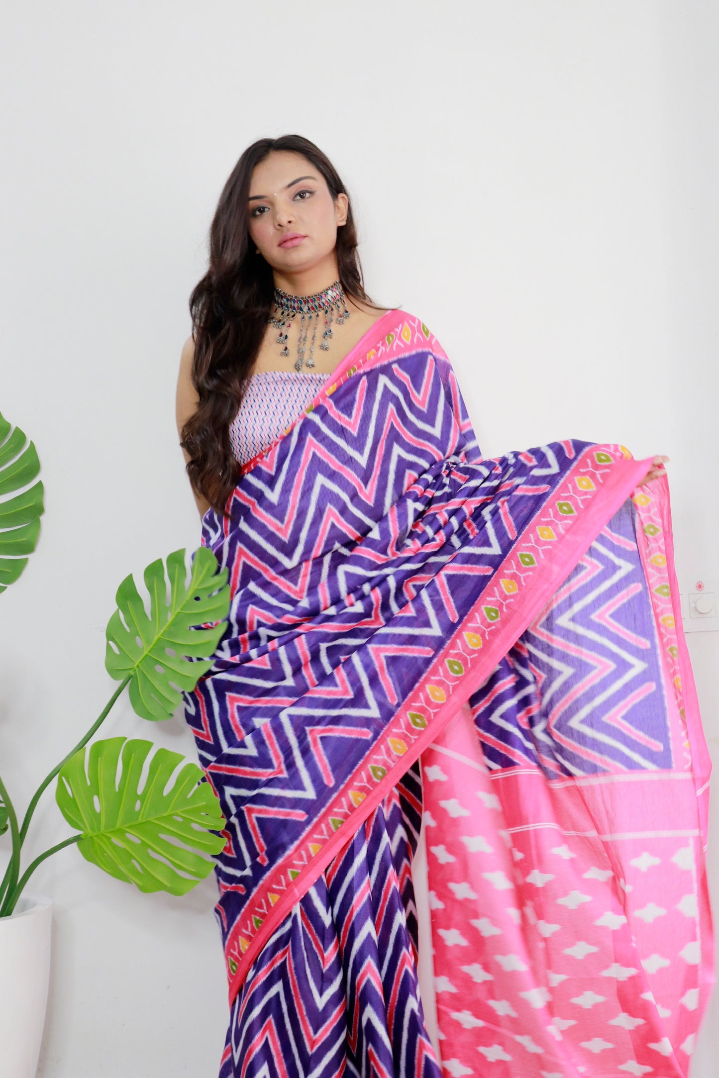 Handicraft Ladies Ikat Print Pure soft Cotton Sari With Blouse Piece