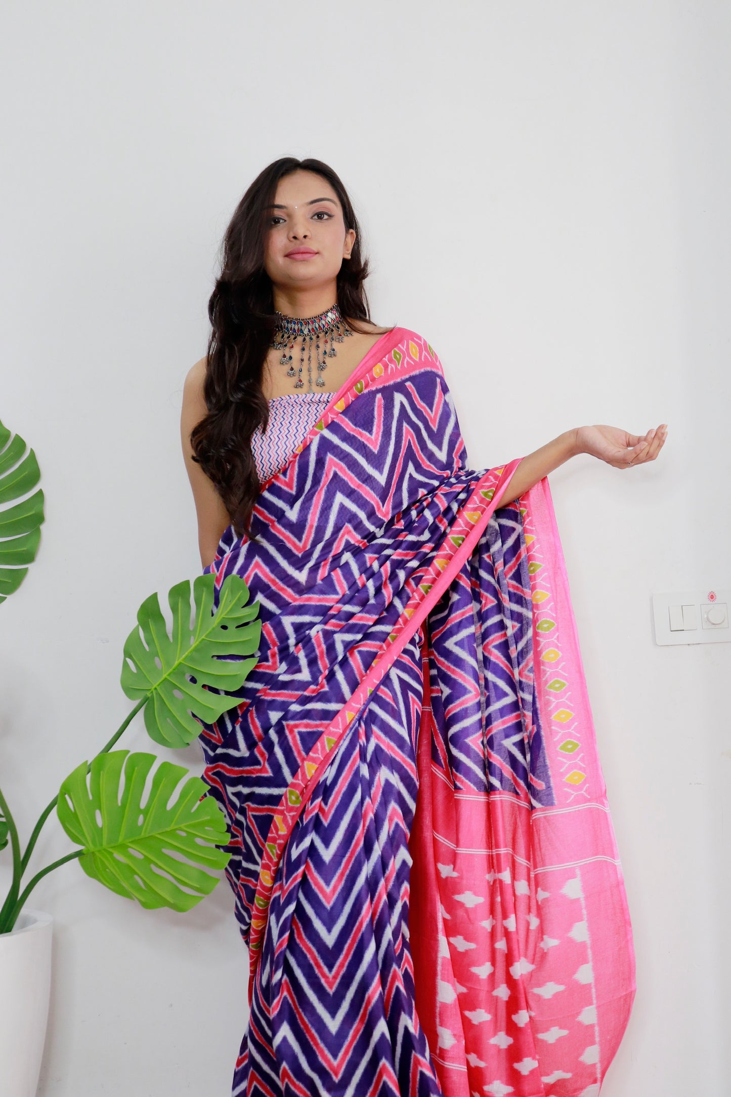 Handicraft Ladies Ikat Print Pure soft Cotton Sari With Blouse Piece