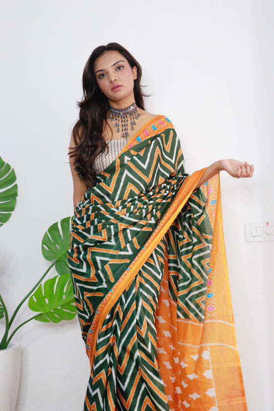 Handicraft Ladies Ikat Print Pure soft Cotton Sari With Blouse Piece