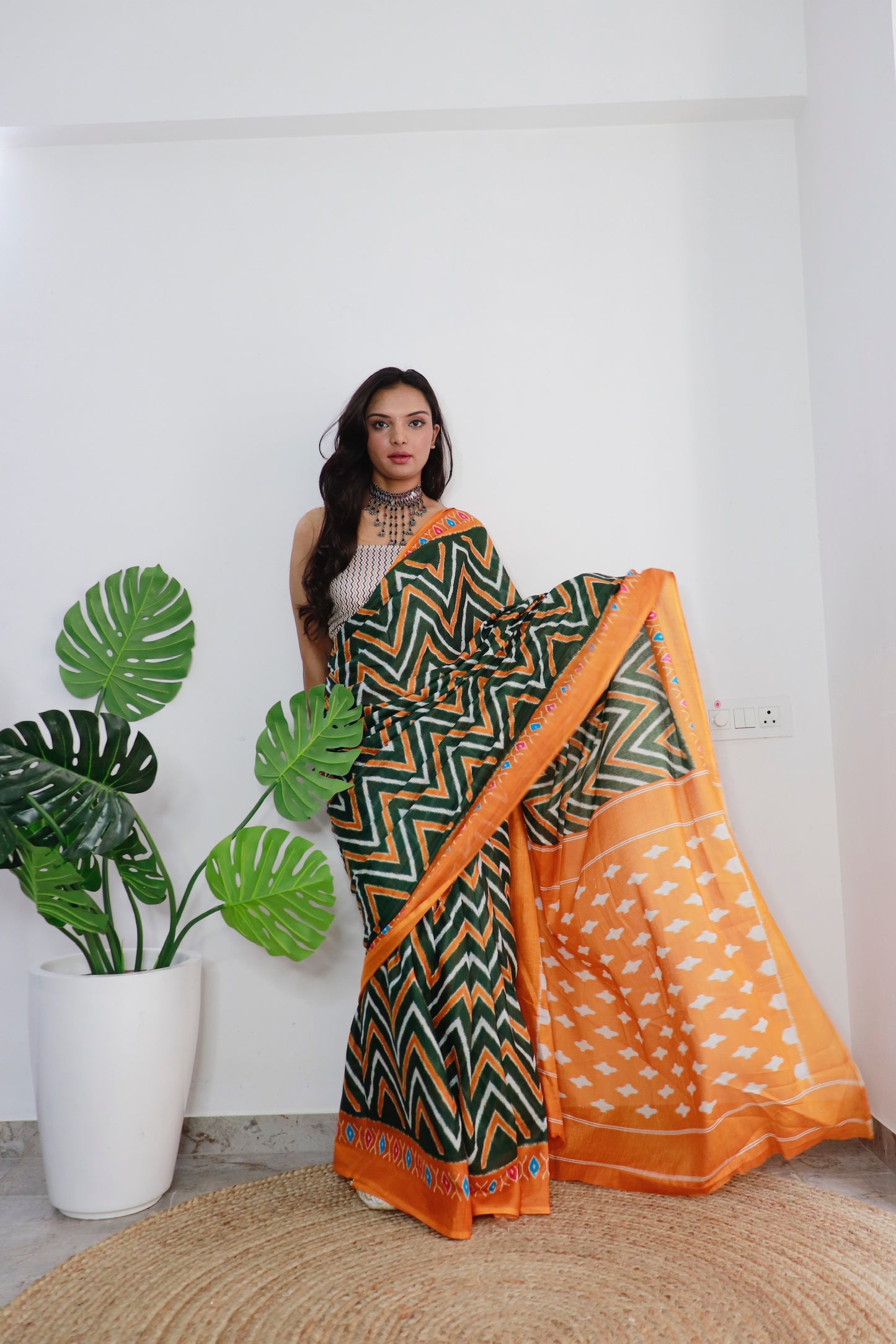 Handicraft Ladies Ikat Print Pure soft Cotton Sari With Blouse Piece