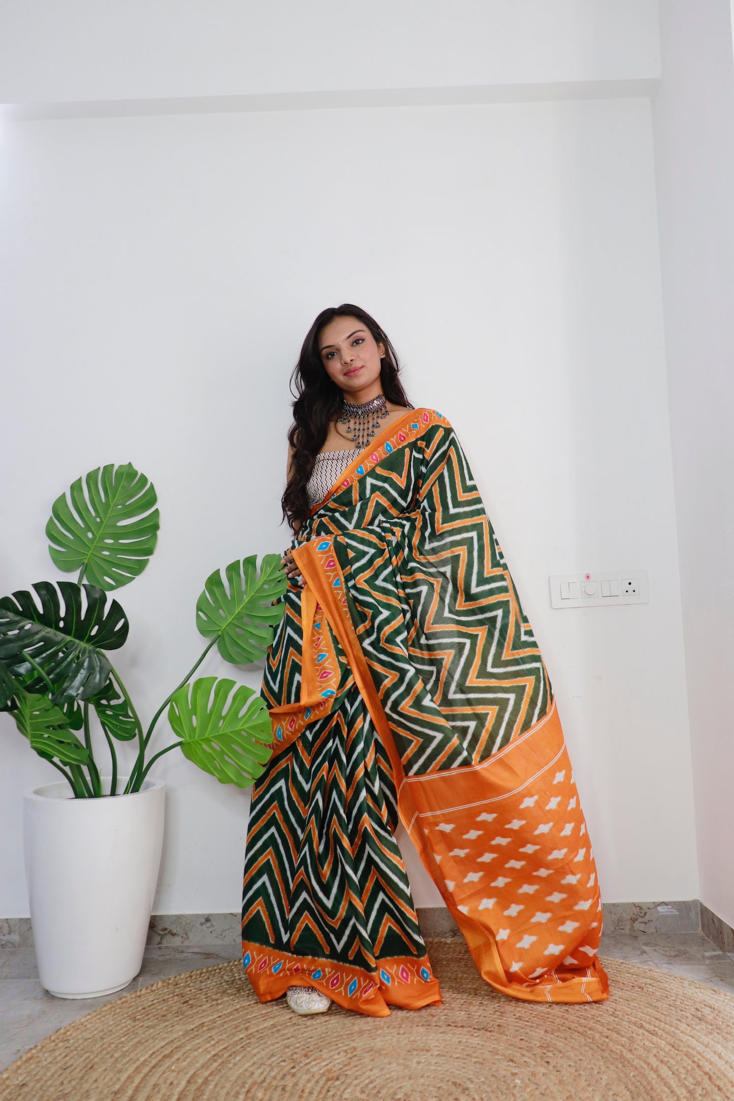 Handicraft Ladies Ikat Print Pure soft Cotton Sari With Blouse Piece