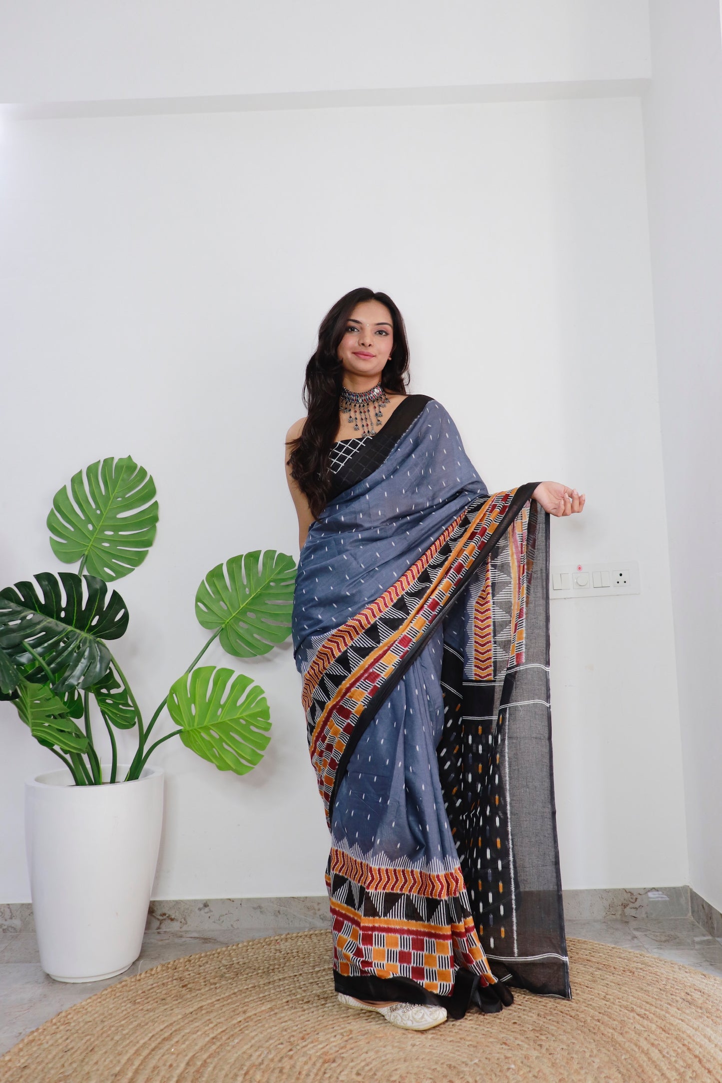 Handicraft Ladies Ikat Print Pure soft Cotton Sari With Blouse Piece