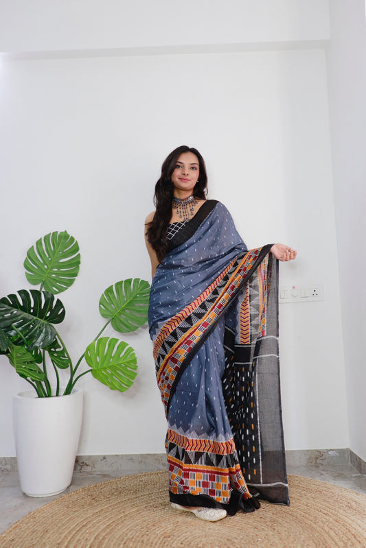 Handicraft Ladies Ikat Print Pure soft Cotton Sari With Blouse Piece