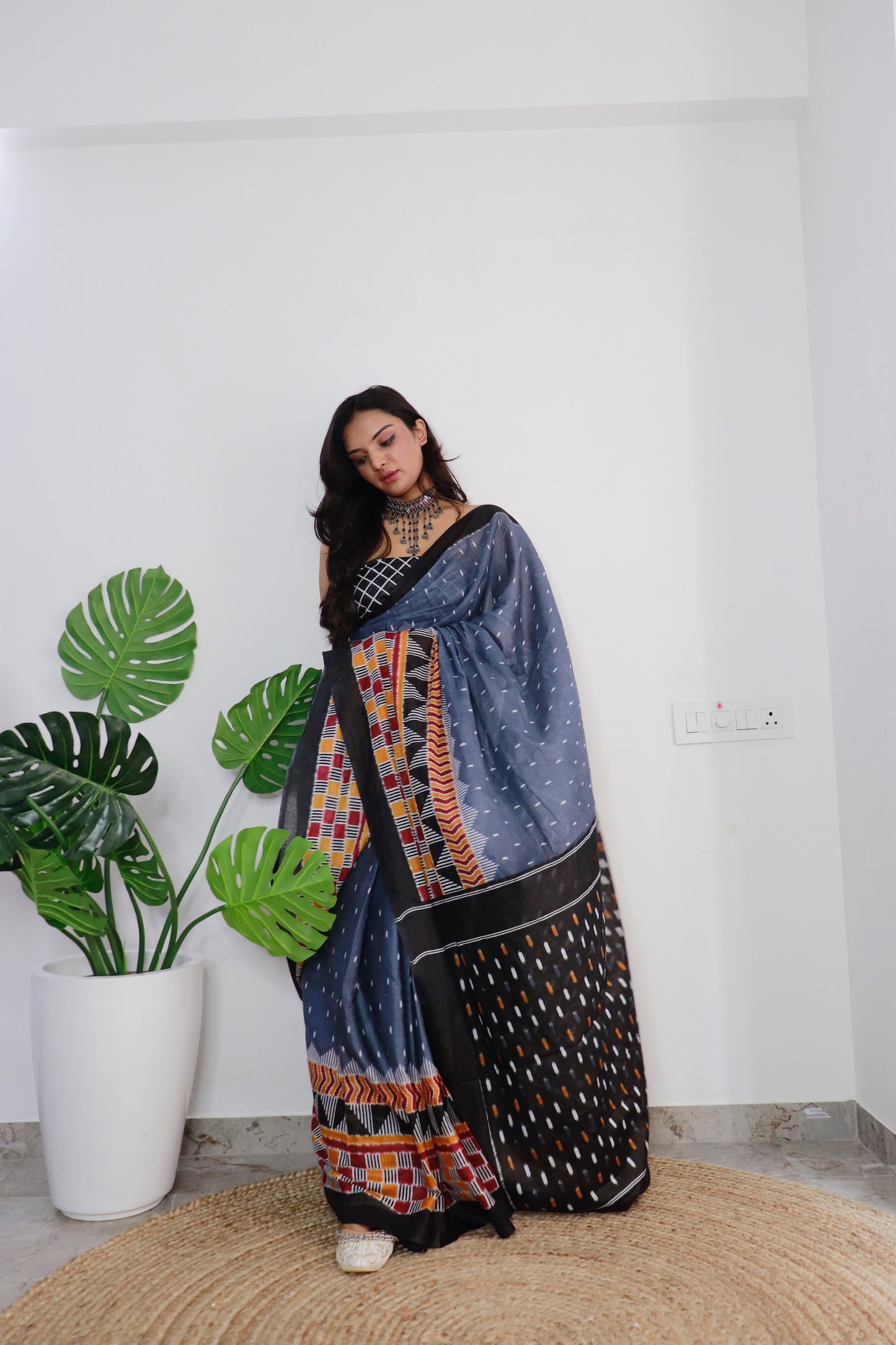 Handicraft Ladies Ikat Print Pure soft Cotton Sari With Blouse Piece