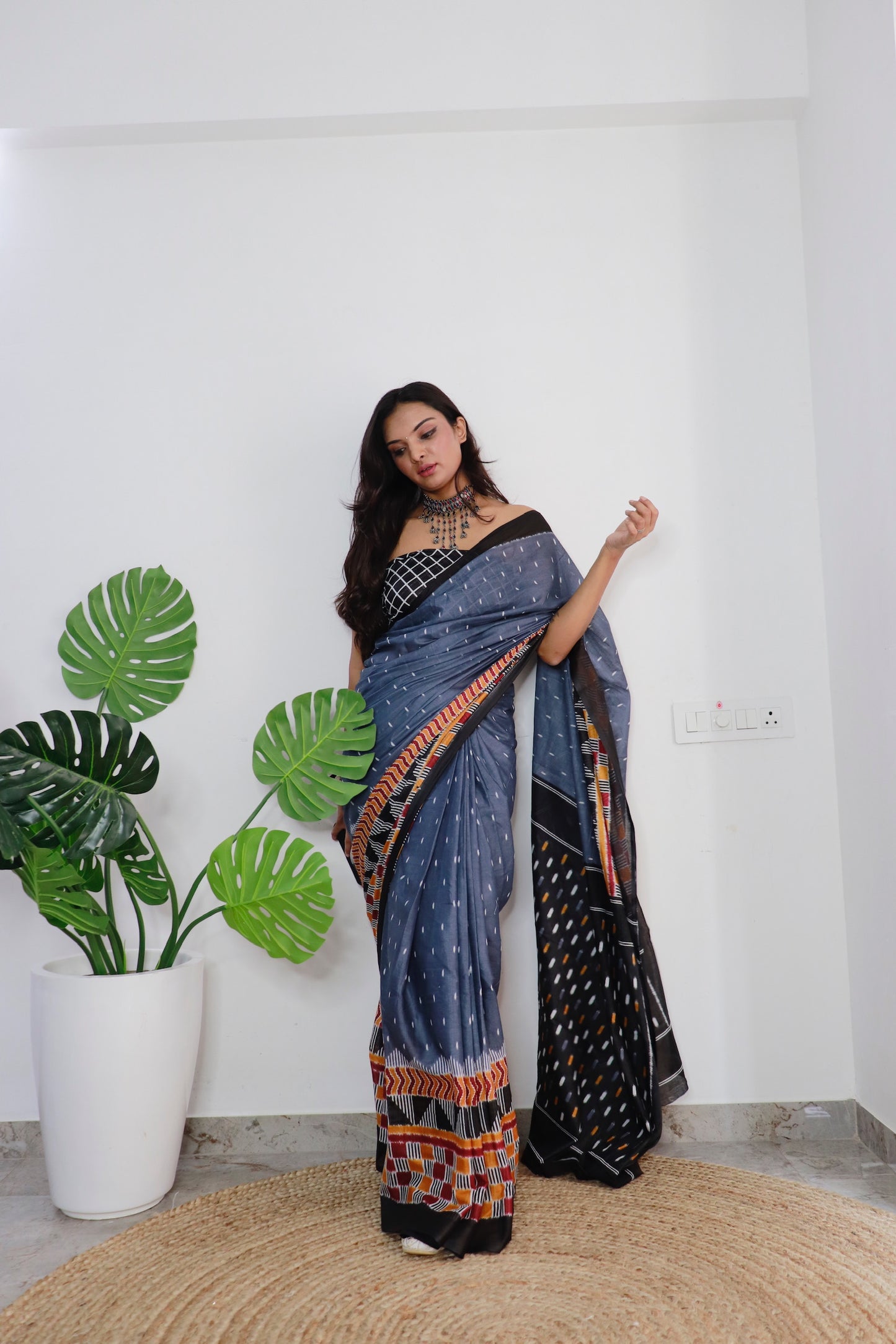 Handicraft Ladies Ikat Print Pure soft Cotton Sari With Blouse Piece