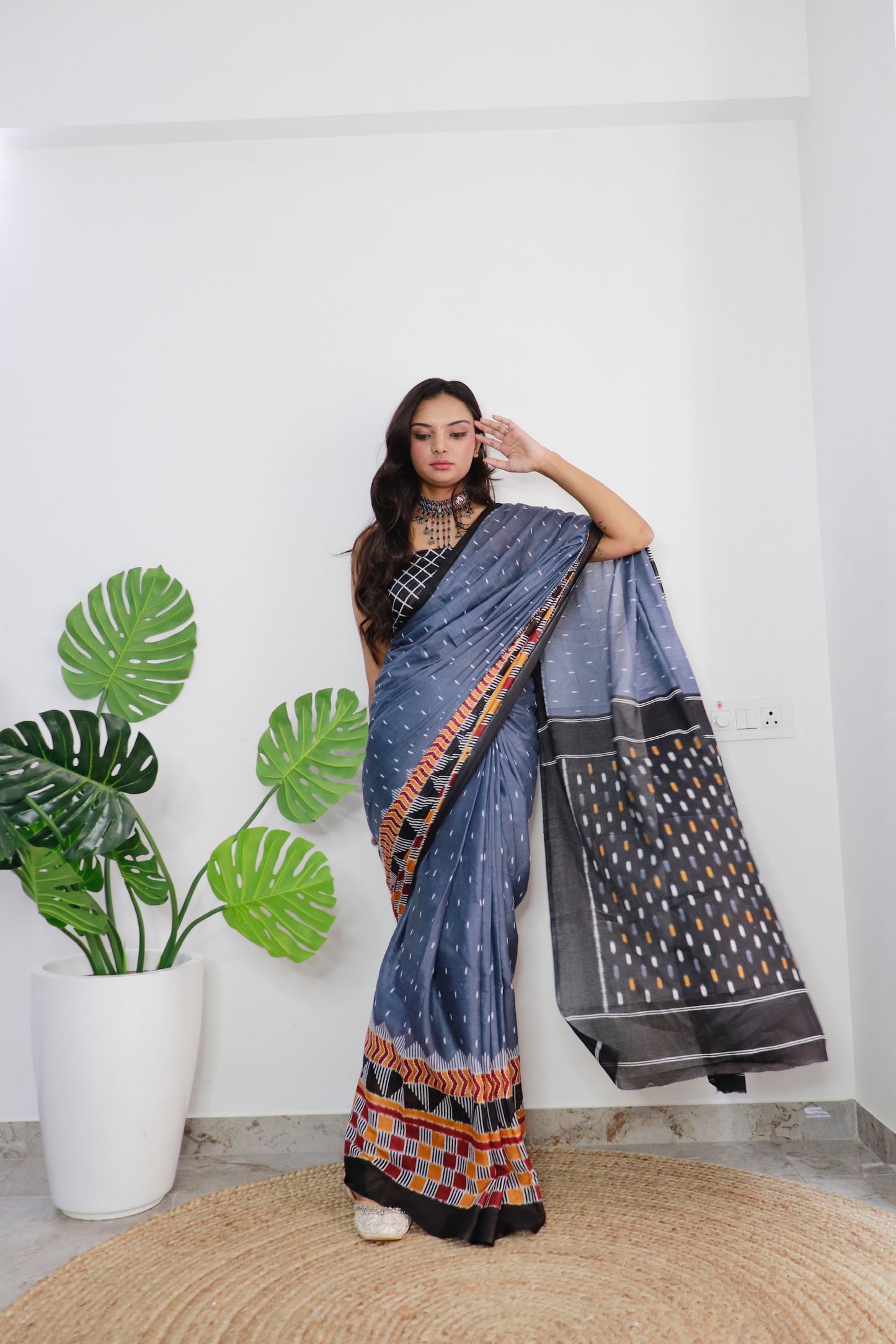 Handicraft Ladies Ikat Print Pure soft Cotton Sari With Blouse Piece