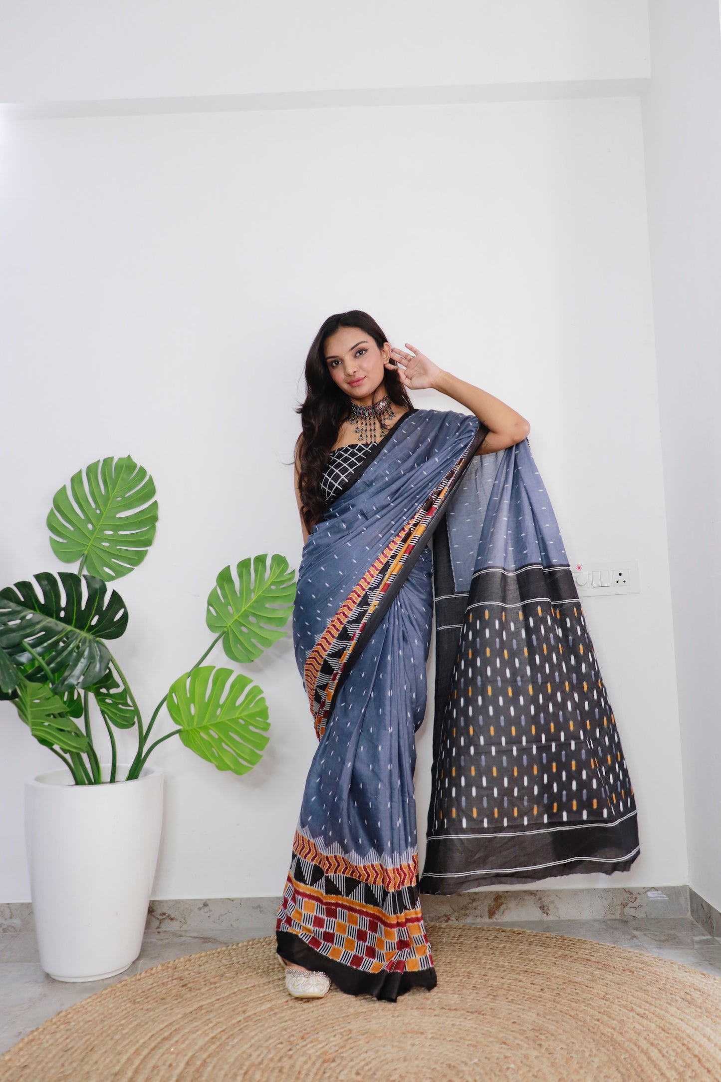 Handicraft Ladies Ikat Print Pure soft Cotton Sari With Blouse Piece