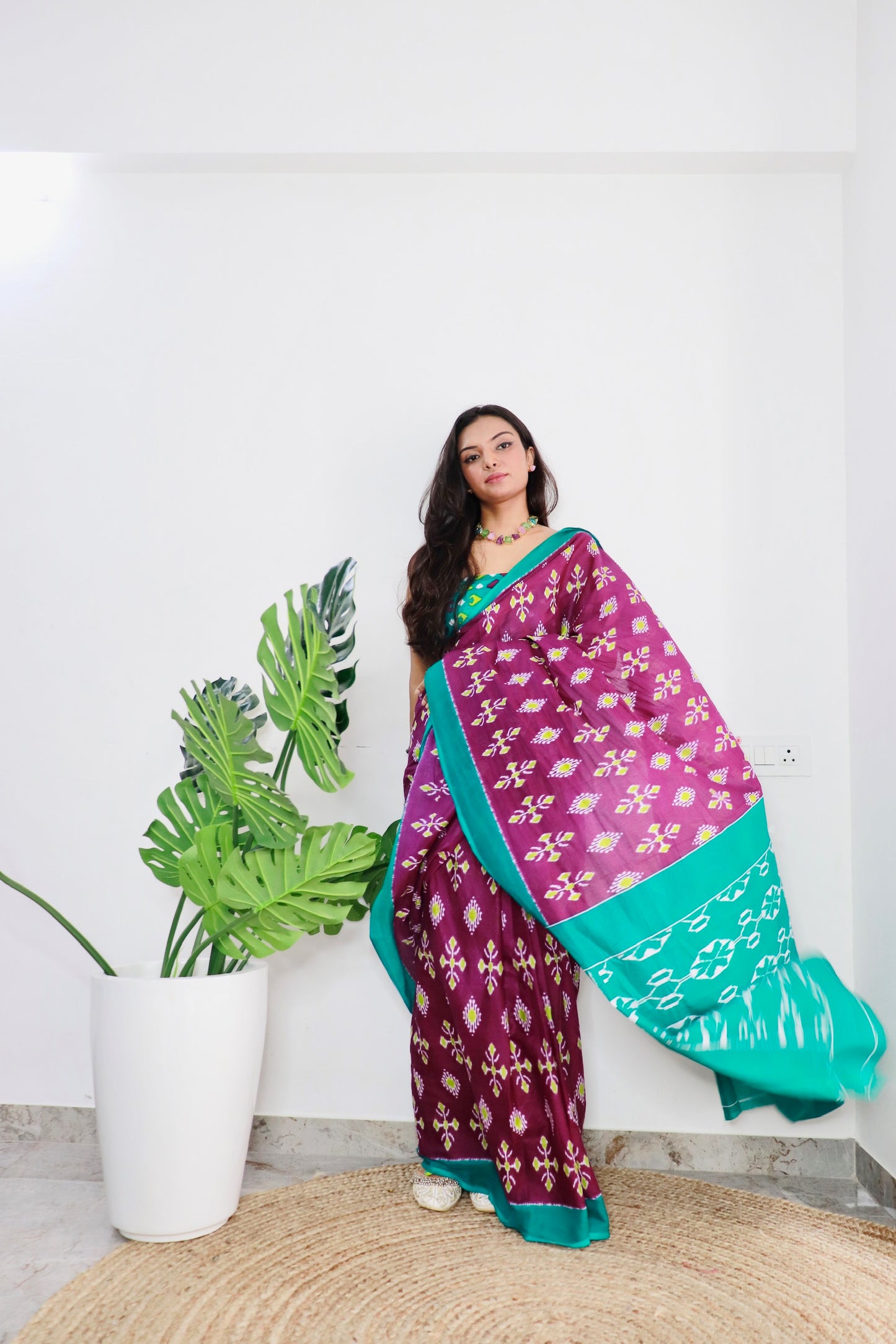 Handicraft Ladies Ikat Print Pure soft Cotton Sari With Blouse Piece