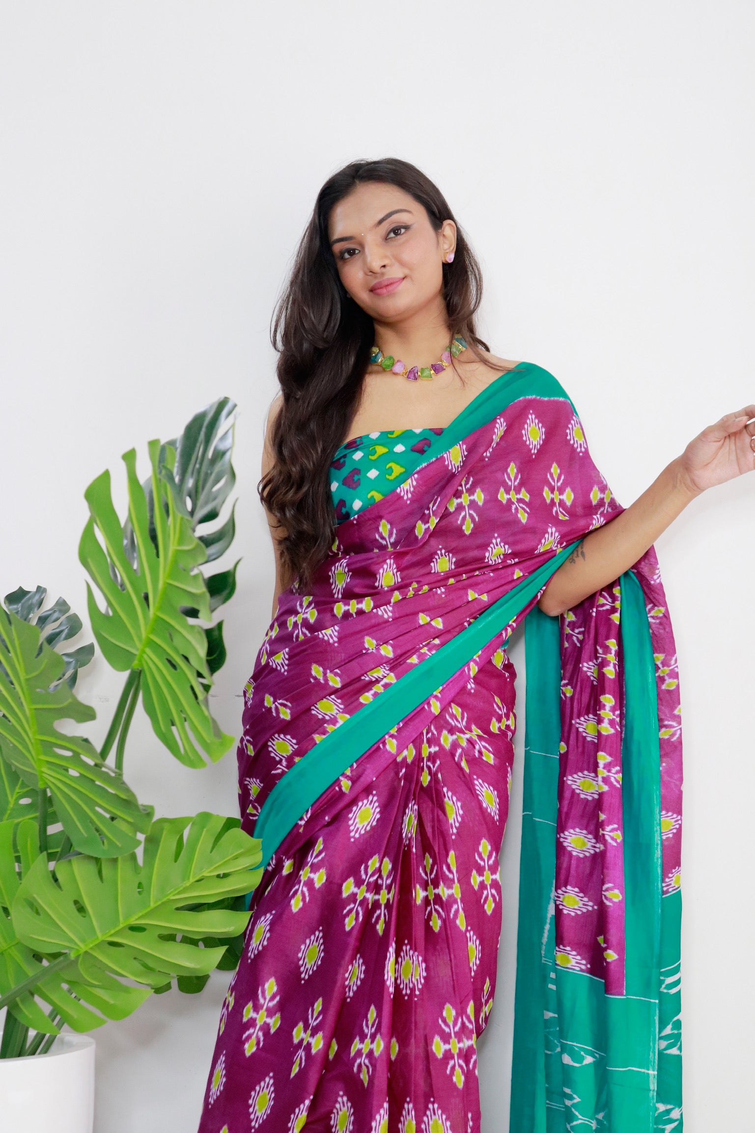 Handicraft Ladies Ikat Print Pure soft Cotton Sari With Blouse Piece