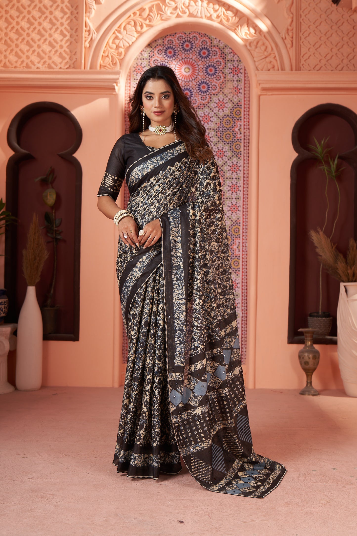 Jaipur PURE Cotton saree Colour Hand Block Print With mirror work