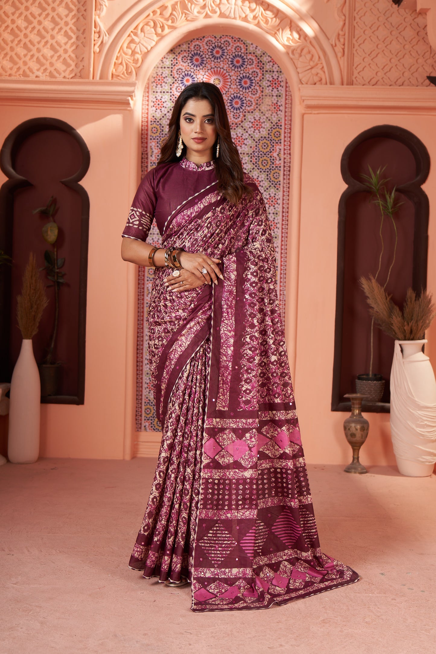 Jaipur PURE Cotton saree Colour Hand Block Print With mirror work