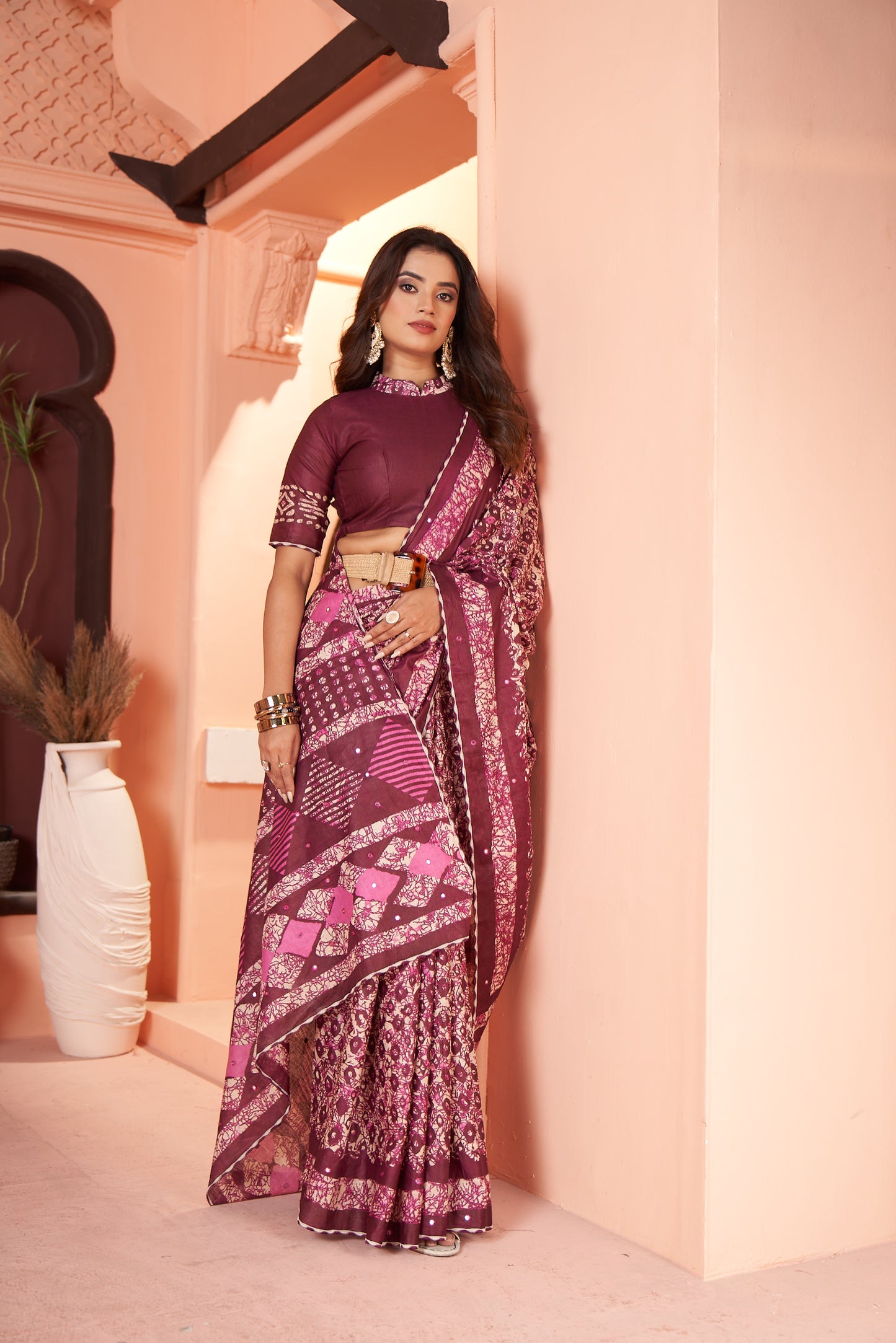 Jaipur PURE Cotton saree Colour Hand Block Print With mirror work