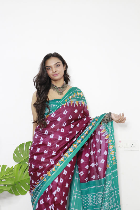 Handicraft Stylis Women's Elegent ikat Hand Printed Saree With Blouse Piece