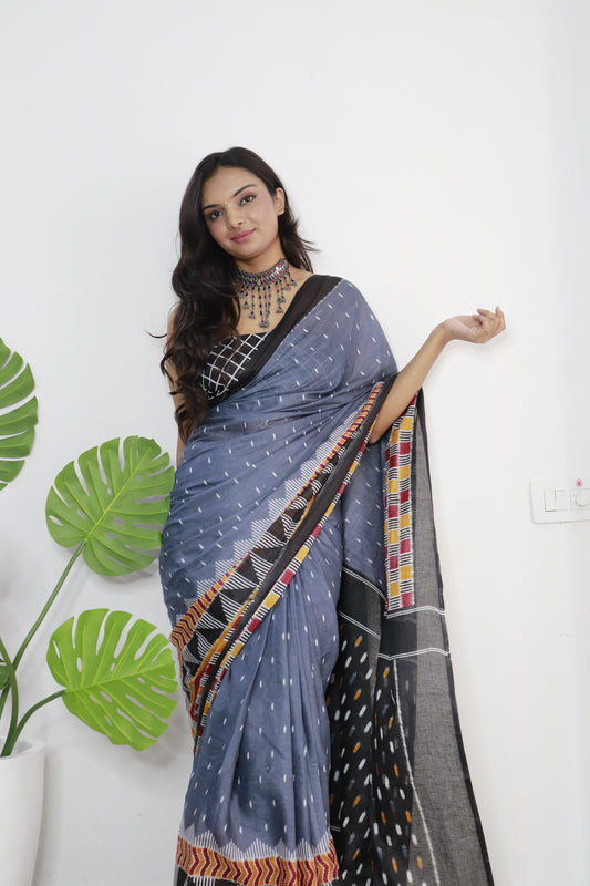 Handicraft Stylis Women's Elegent ikat Hand Printed Saree With Blouse Piece