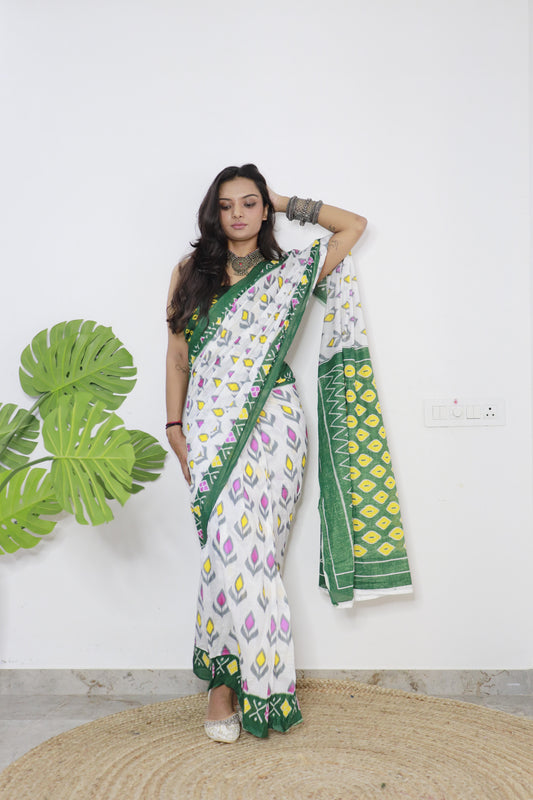 Handicraft Women's Ikat Hand Print Pure soft Cotton Saree With Blouse Piece