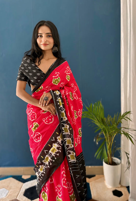 Handicraft Women's Ikat Print Pure soft Cotton Saree With Blouse Piece