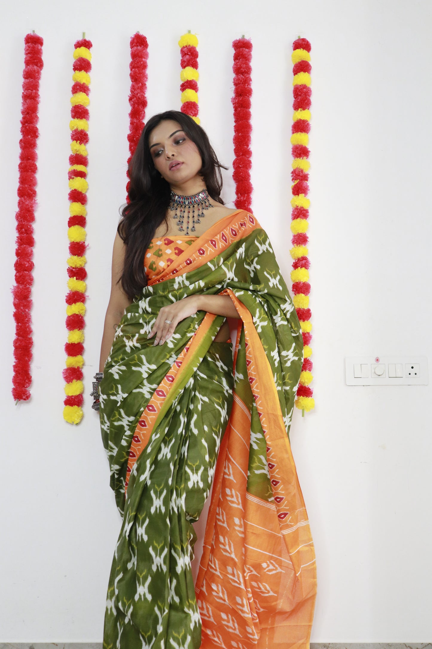 Elegant Women's Ikat Hand Print Pure soft Cotton Saree With Blouse Piece