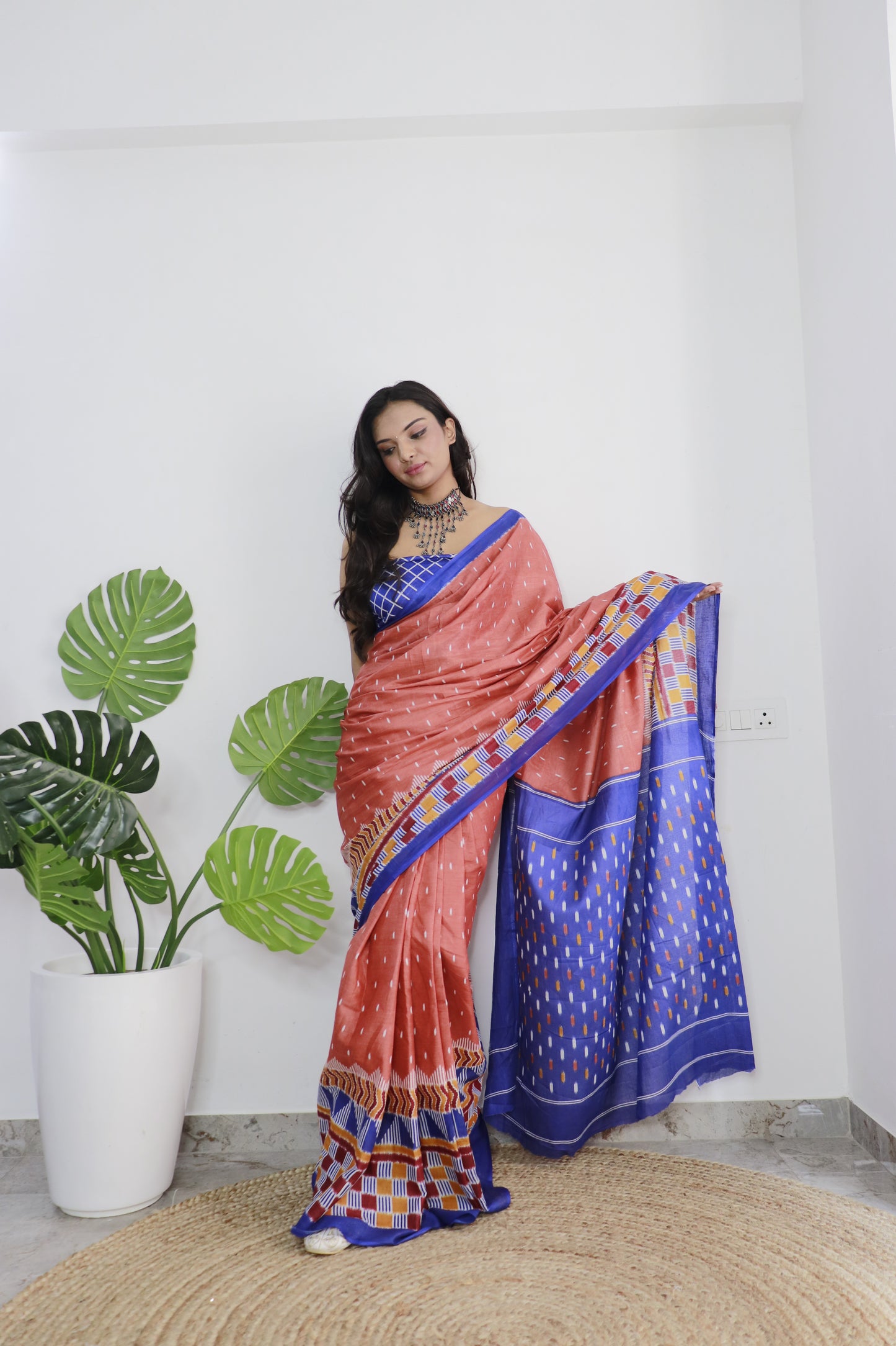 Elegant Women's Ikat Hand Print Pure soft Cotton Saree With Blouse Piece