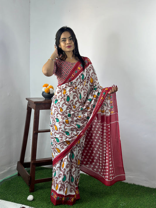 Elegant Women's Ikat Hand Print Pure soft Cotton Saree With Blouse Piece