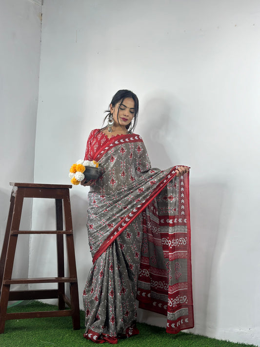 Elegant Women's Ikat Hand Print Pure soft Cotton Saree With Blouse Piece