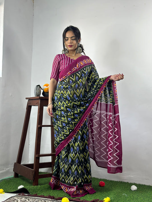 Stylish Women's Jaipuri Hand Block Print Pure soft Cotton Saree With Blouse Piece